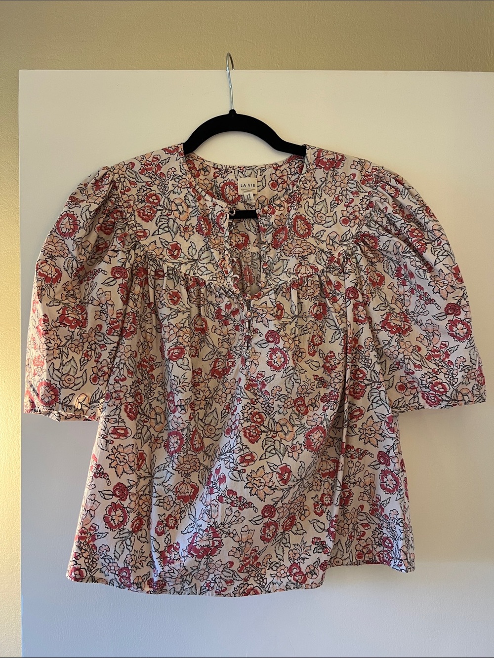 La Vie Rebecca Taylor Cotton Short Sleeve Floral Puff-Sleeve Blouse in Pink - S